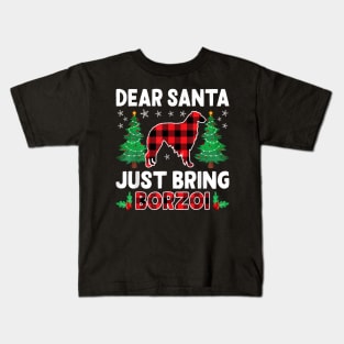 Dear Santa Just Bring Buffalo Plaid Dog Borzoi Xmas Kids T-Shirt